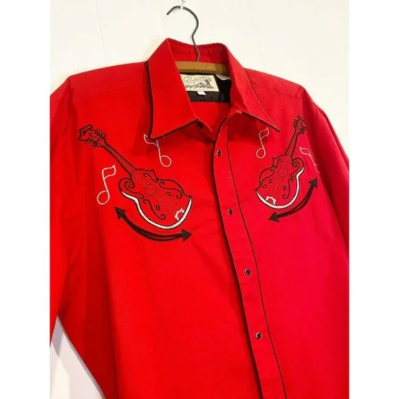 Vintage Roper Men's Western Pearl Snap Button Down Shirt Embroidered Guitars LG - Picture 3 of 5